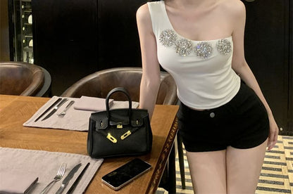 Sample One-Shoulder Rhinestone Accent Slim Fit Crop Tank Top