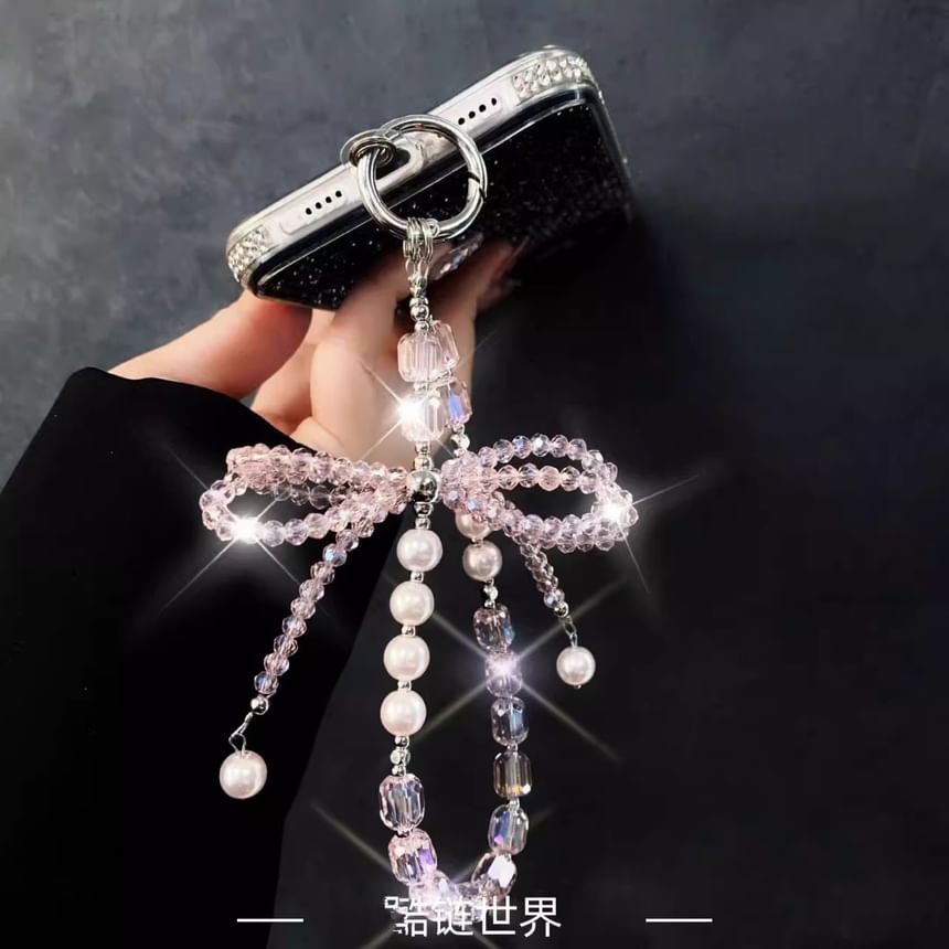 Faux Strap Phone Crystal Pearl with Bow Pad Lanyard