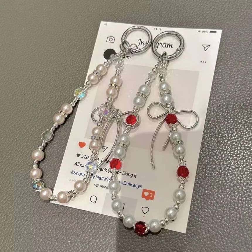 Phone with Pad Faux Bow Strap Pearl Lanyard