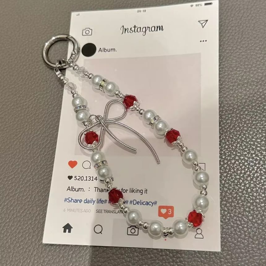 Phone with Pad Faux Bow Strap Pearl Lanyard