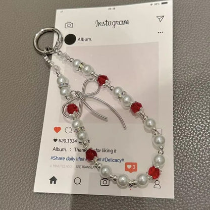 Phone with Pad Faux Bow Strap Pearl Lanyard