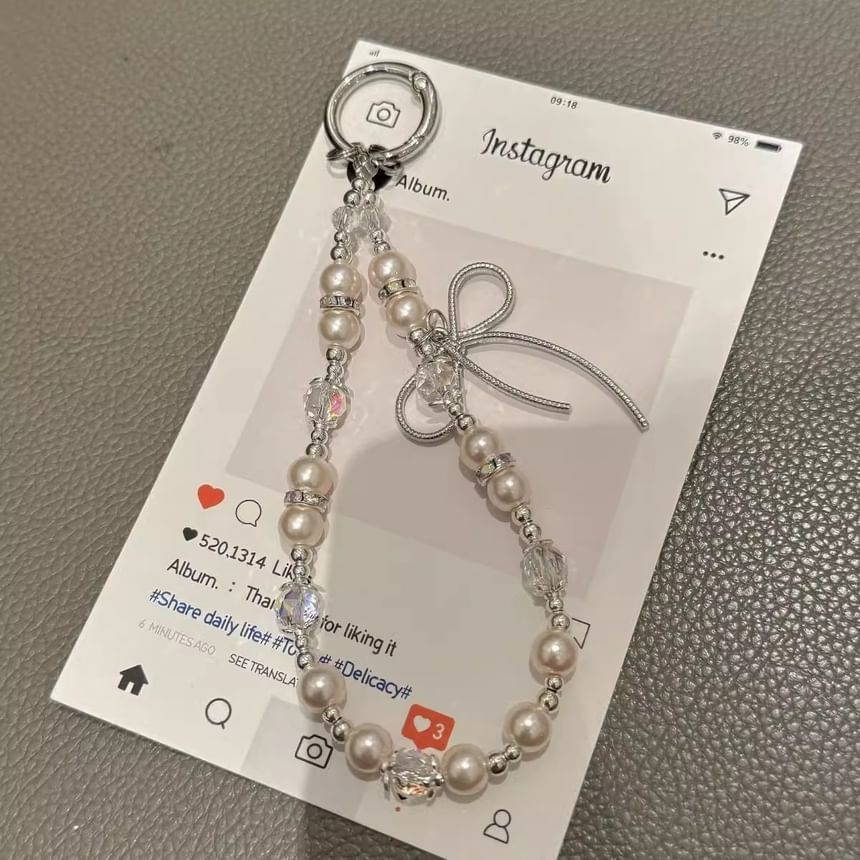 Phone with Pad Faux Bow Strap Pearl Lanyard
