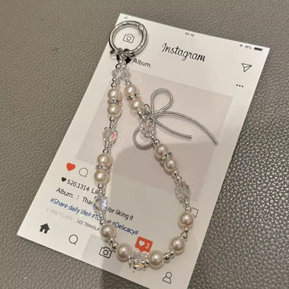 Phone with Pad Faux Bow Strap Pearl Lanyard