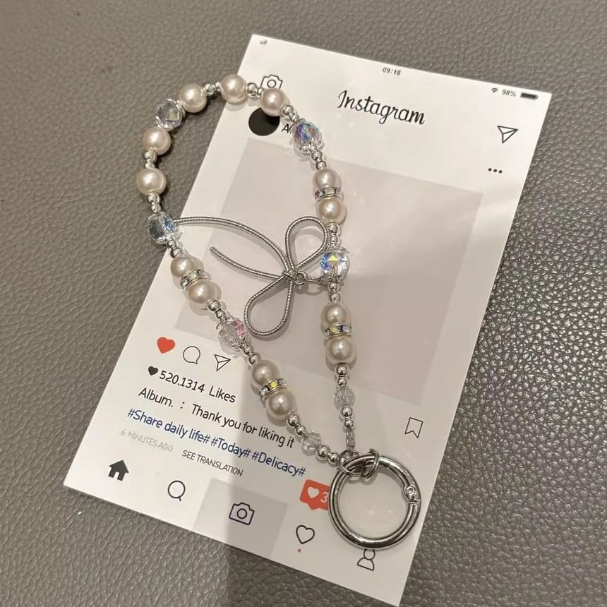Phone with Pad Faux Bow Strap Pearl Lanyard