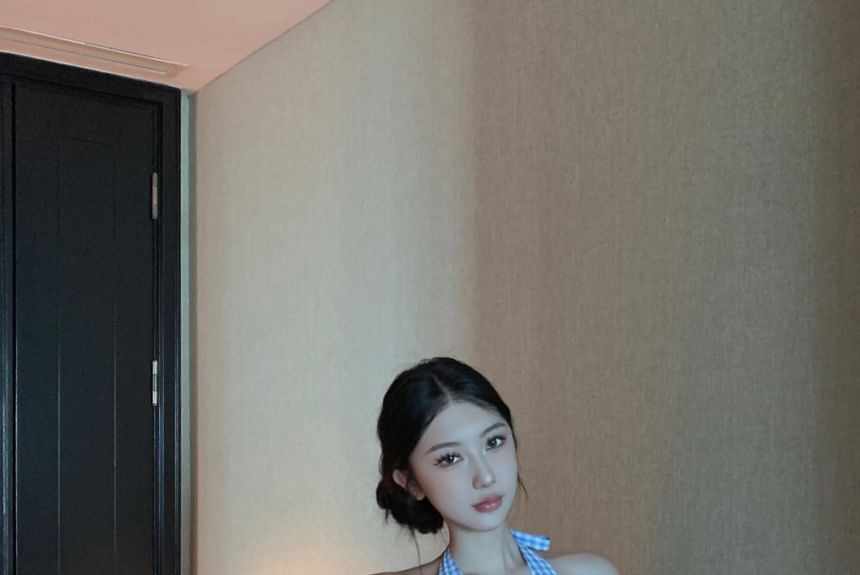 Halter V-Neck Gingham Button-Up Crop Top / Low Waist Wide Leg Pants