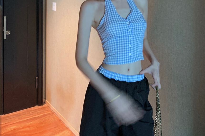 Halter V-Neck Gingham Button-Up Crop Top / Low Waist Wide Leg Pants