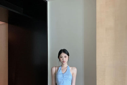 Halter V-Neck Gingham Button-Up Crop Top / Low Waist Wide Leg Pants