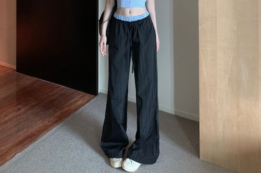 Halter V-Neck Gingham Button-Up Crop Top / Low Waist Wide Leg Pants