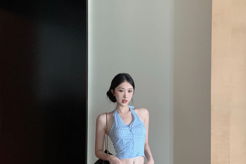 Halter V-Neck Gingham Button-Up Crop Top / Low Waist Wide Leg Pants