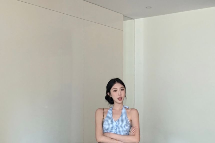 Halter V-Neck Gingham Button-Up Crop Top / Low Waist Wide Leg Pants
