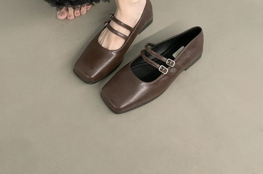 Square Toe Double Strap Faux Leather Mary Jane Shoes