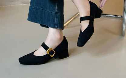 Chunky Heel Buckled Faux Suede Mary Jane Pumps