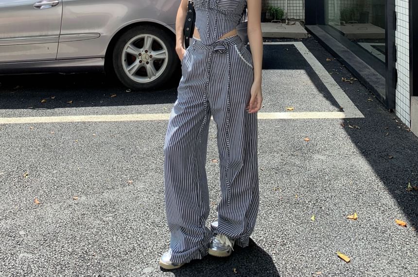 Wholesale Sample Strapless Striped Tube Top / Mid Waist Wide Leg Pants