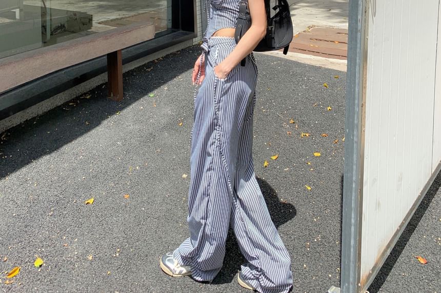 Wholesale Sample Strapless Striped Tube Top / Mid Waist Wide Leg Pants