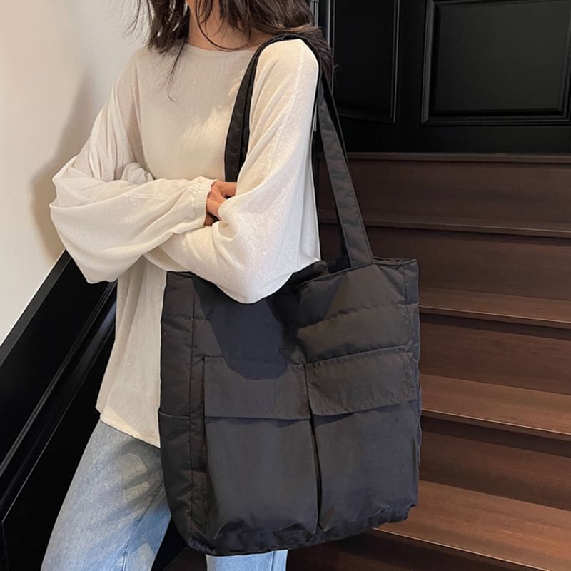 Flap Pocket Bag Tote Plain Fabric