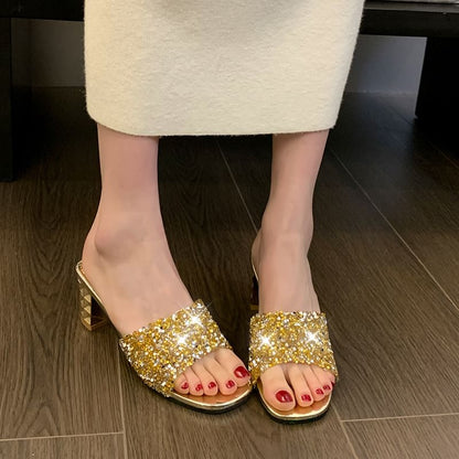 Chunky Rhinestone Sandals Slide Heel