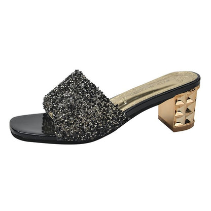 Chunky Rhinestone Sandals Slide Heel