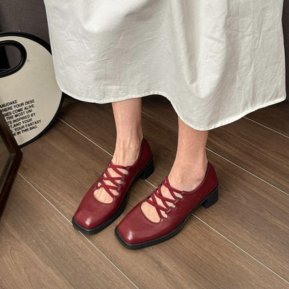 Chunky Mary Lace-Up Pumps Heel Jane Square Toe Plain