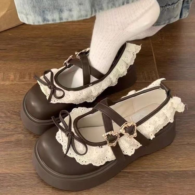 Trim Jane Lace Platform Ruffle Shoes Buckled Mary