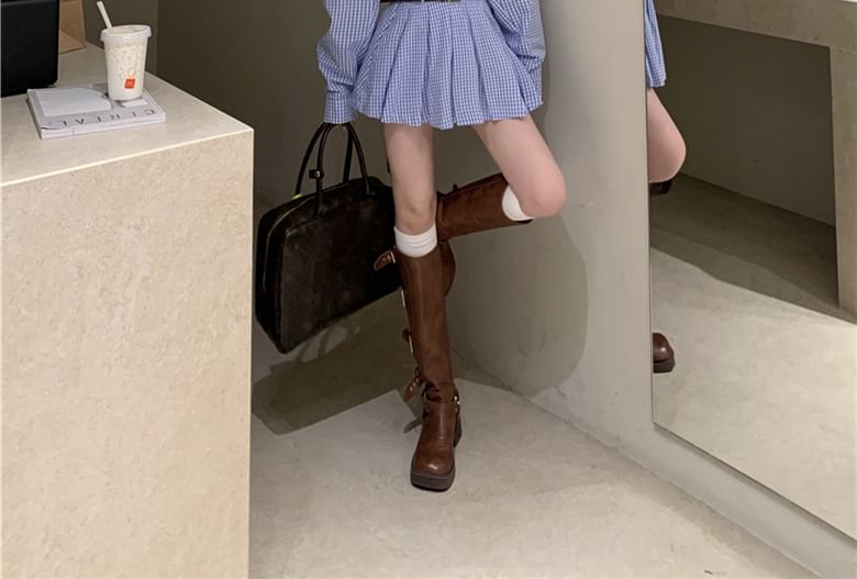 Wholesale Sample Long-Sleeve Henley Plaid Pocket Front Pleated Hem Mini Shirt Dress