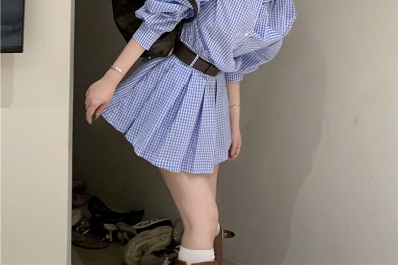 Wholesale Sample Long-Sleeve Henley Plaid Pocket Front Pleated Hem Mini Shirt Dress