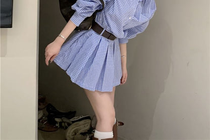 Wholesale Sample Long-Sleeve Henley Plaid Pocket Front Pleated Hem Mini Shirt Dress