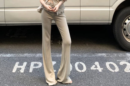 Strapless Plain Drawstring Side-Slit Asymmetrical Top / High Waist Flared Pants