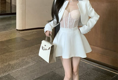 Plain Cropped Open Front Jacket / High Rise Mini A-Line Skirt / Lace Bustier Top