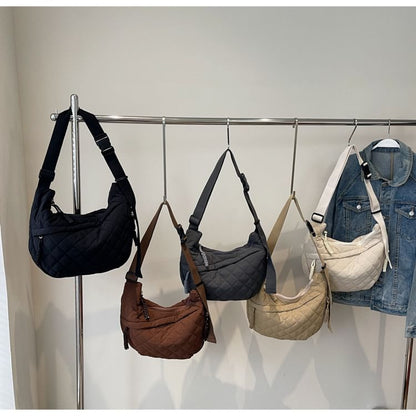 Nylon Plain Quilted Crossbody Zip Bag