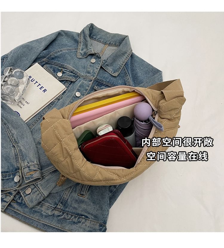 Nylon Plain Quilted Crossbody Zip Bag