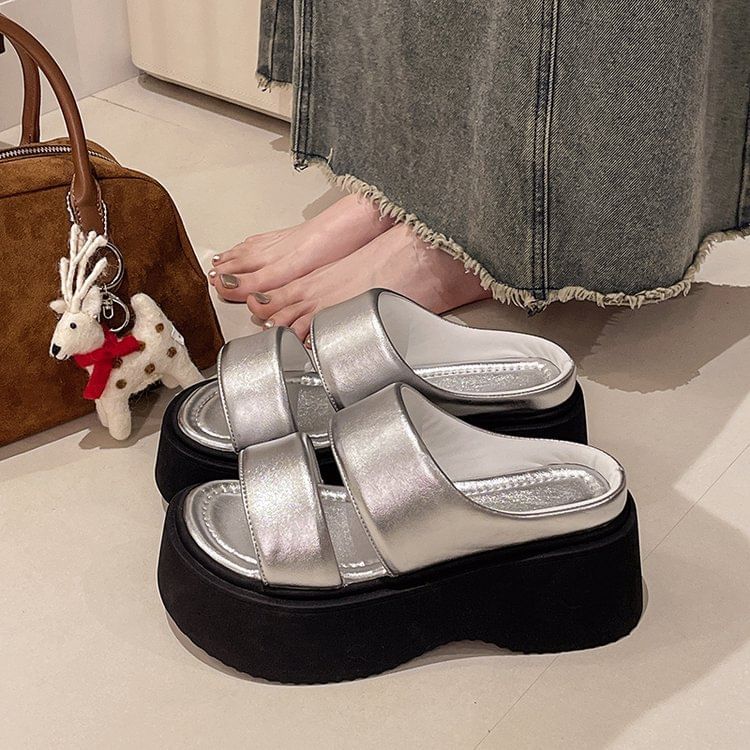 Platform Leather Faux Slide Sandals