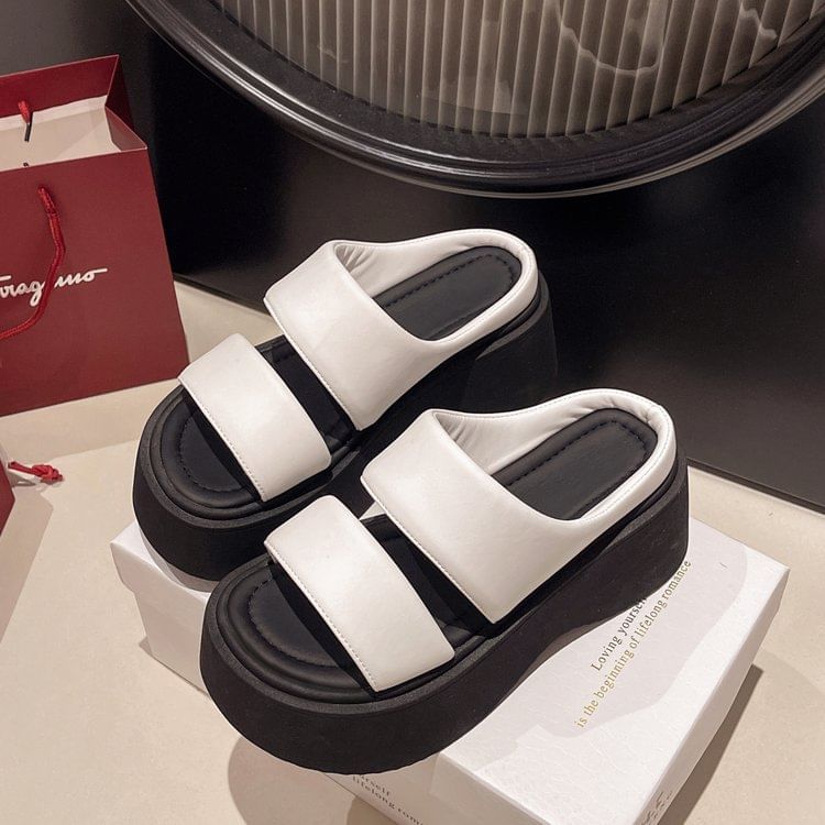 Platform Leather Faux Slide Sandals