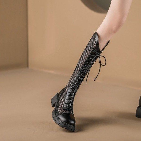 Tall Lace-Up Platform Boots Mesh Panel
