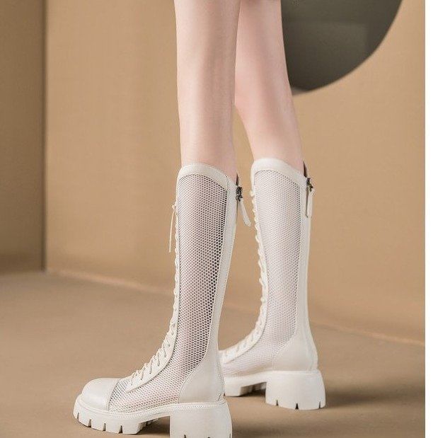 Tall Lace-Up Platform Boots Mesh Panel