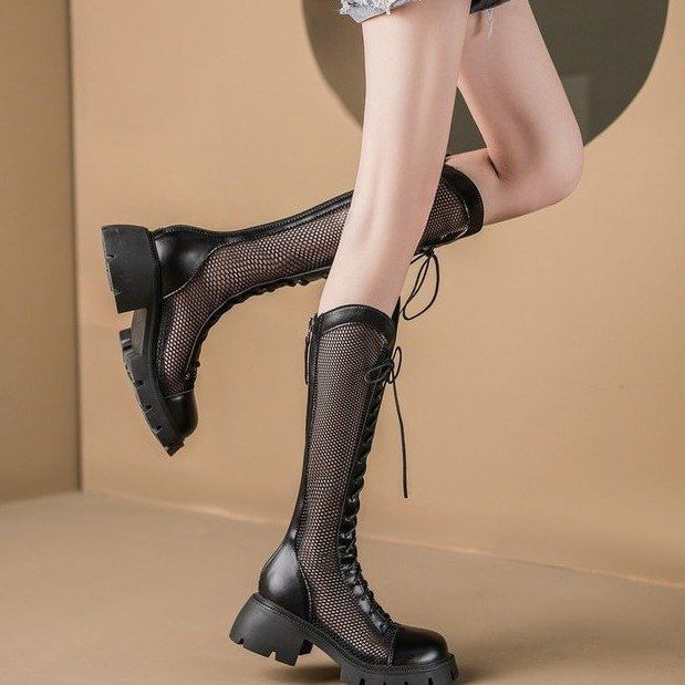 Tall Lace-Up Platform Boots Mesh Panel