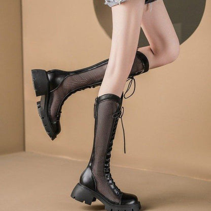 Tall Lace-Up Platform Boots Mesh Panel