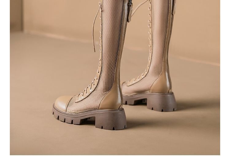 Tall Lace-Up Platform Boots Mesh Panel