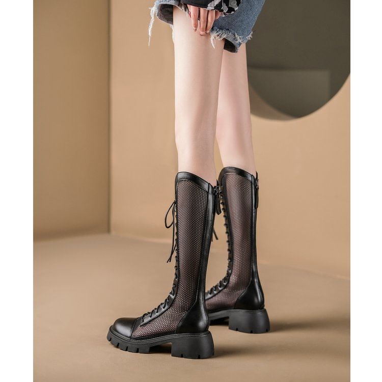 Tall Lace-Up Platform Boots Mesh Panel