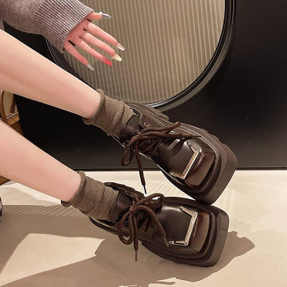 Lace-Up Platform Metal Shoes Square Accent Toe Faux Leather