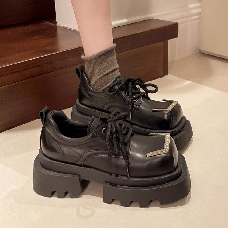 Lace-Up Platform Metal Shoes Square Accent Toe Faux Leather