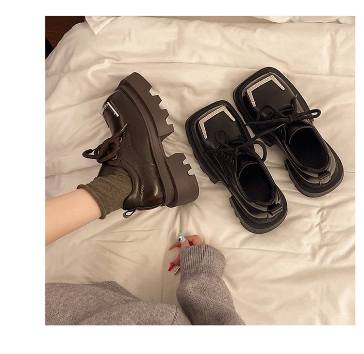 Lace-Up Platform Metal Shoes Square Accent Toe Faux Leather