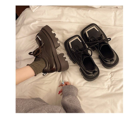 Lace-Up Platform Metal Shoes Square Accent Toe Faux Leather