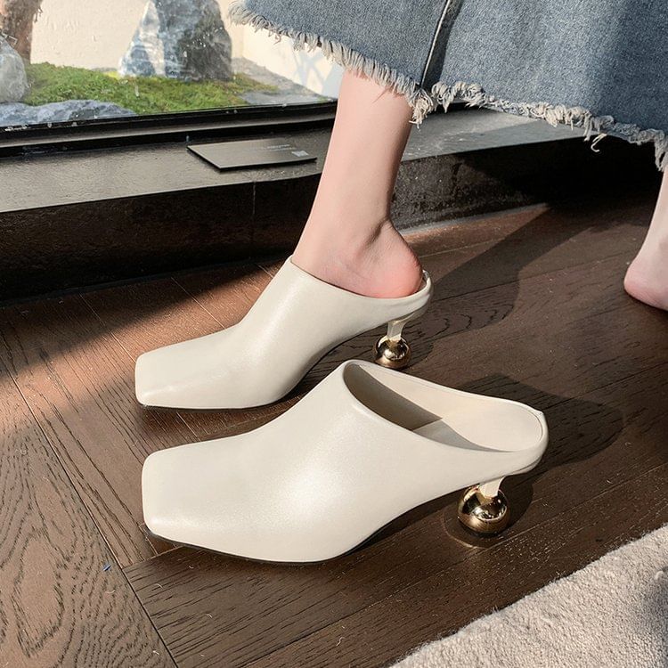 Mules Plain Heel Toe Leather High Faux Square