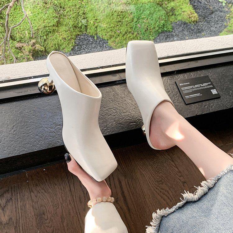 Mules Plain Heel Toe Leather High Faux Square