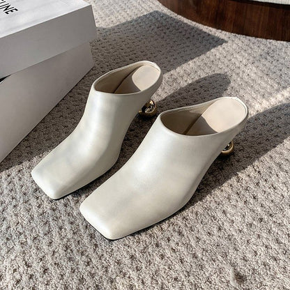 Mules Plain Heel Toe Leather High Faux Square