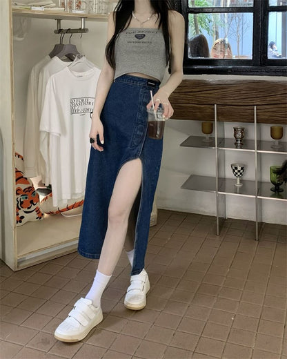 Skirt Rise Pencil Midi Denim Asymmetrical High Washed