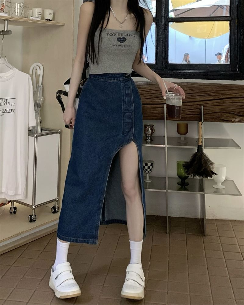 Skirt Rise Pencil Midi Denim Asymmetrical High Washed
