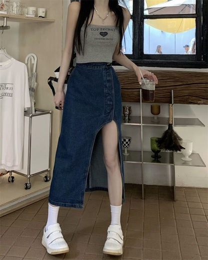 Skirt Rise Pencil Midi Denim Asymmetrical High Washed