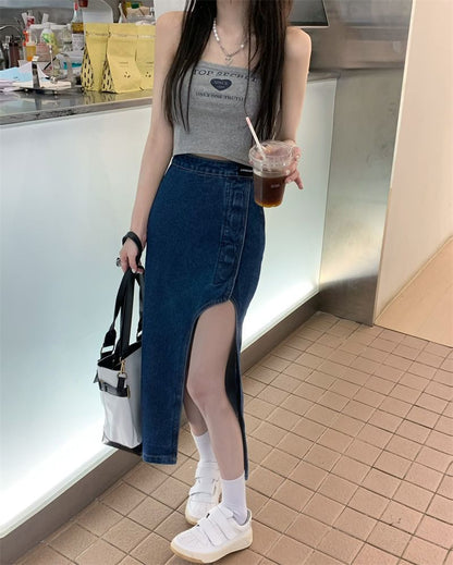 Skirt Rise Pencil Midi Denim Asymmetrical High Washed