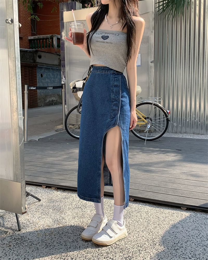 Skirt Rise Pencil Midi Denim Asymmetrical High Washed